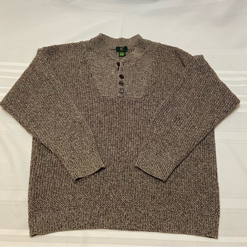 Club Room Mens Marled Knit Brown Cotton Pullover Button Crewneck Sweater size XL